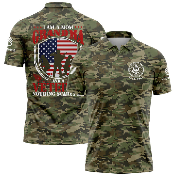 Custom Camo I'm A Mom Grandma Flag U.S Army Military Staff Sergeant Rank Name Veterans Day Golf Polo Shirt | Father's Day Gifts