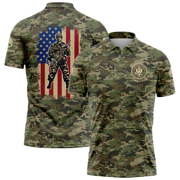 Custom Camo American Flag U.S Army Military Staff Sergeant Rank Name Golf Polo Shirt | Father's Day Gifts