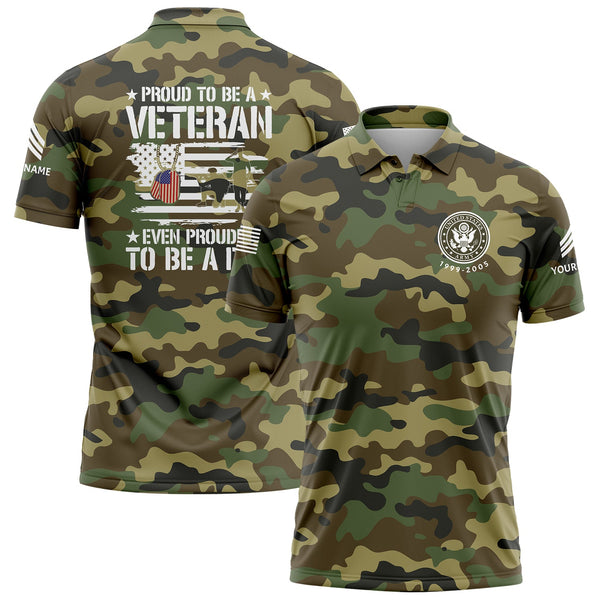 Custom Camo Proud To Be A Veteran Even Prouder To Be A Dad Flag U.S Army Military Sergeant Rank Name Veterans Day Golf Polo Shirt | Father's Day Gifts