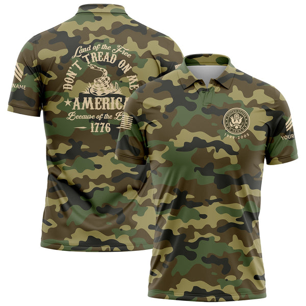 Custom Camo Land OF The Free Don't Tread On Me America Because Of The Brave 1776 U.S. Army Military Sergeant Rank Veteran Name Golf Polo Shirt | Father's Day Gifts