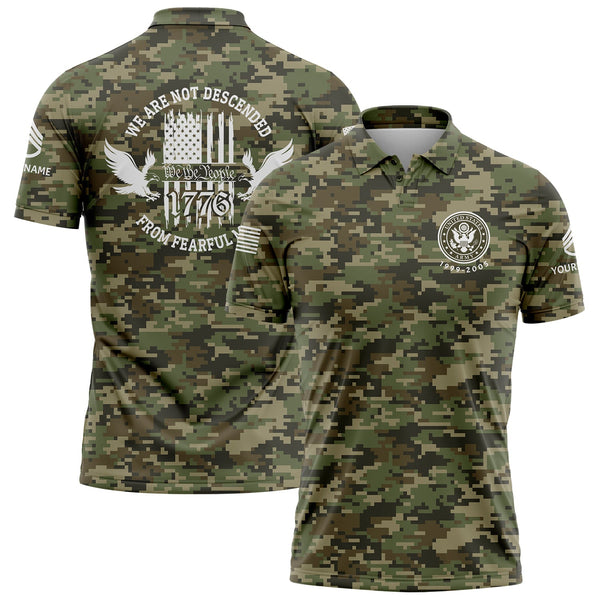 Custom Camo 1776 We Are Not Descended From Fearful Men U.S. Army Military Staff Sergeant Rank Veteran Name Golf Polo Shirt | Father's Day Gifts