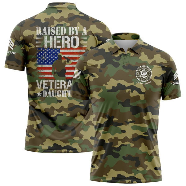 Custom Camo Raised By A Hero Flag U.S Army Military Sergeant Rank Name Veterans Day Golf Polo Shirt | Father's Day Gifts