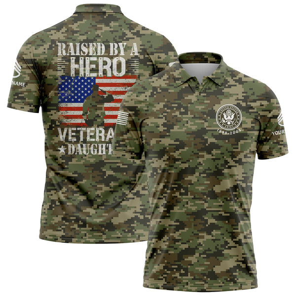 Custom Camo Raised By A Hero Flag U.S Army Military Staff Sergeant Rank Name Veterans Day Golf Polo Shirt | Father's Day Gifts