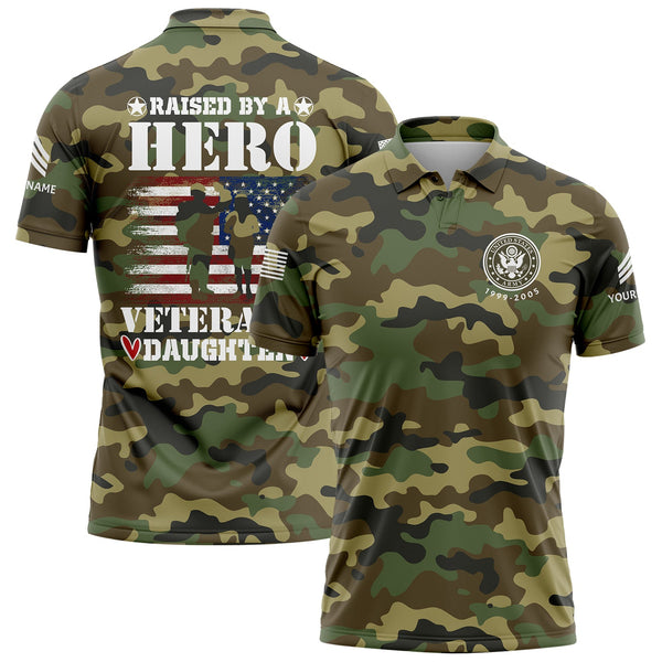 Custom Camo Raised By A Hero Veteran's Daughter Flag U.S. Army Military Sergeant Rank Name Veterans Day Golf Polo Shirt | Father's Day Gifts
