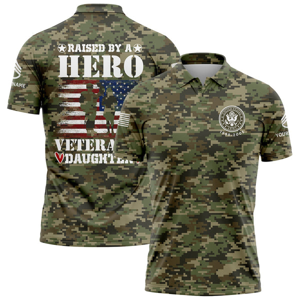 Custom Camo Raised By A Hero Veteran's Daughter Flag U.S. Army Military Staff Sergeant Rank Name Veterans Day Golf Polo Shirt | Father's Day Gifts