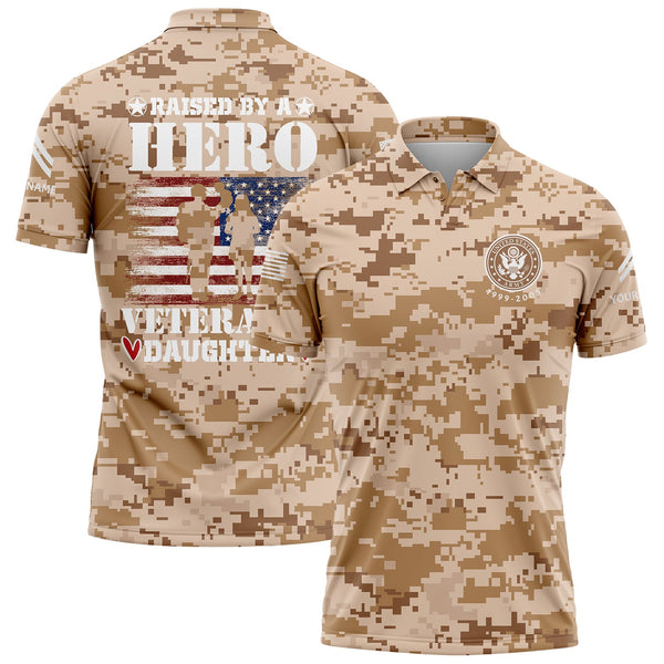 Custom Camo Raised By A Hero Veteran's Daughter Flag U.S. Army Military Corporal Rank Name Veterans Day Golf Polo Shirt | Father's Day Gifts