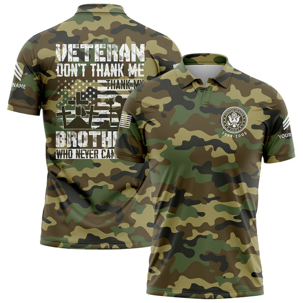 Custom Camo Veteran Don't Thank Me Thank My Brothers Who Never Came Back Flag U.S. Army Military Sergeant Rank Name Veterans Day Golf Polo Shirt | Father's Day Gifts