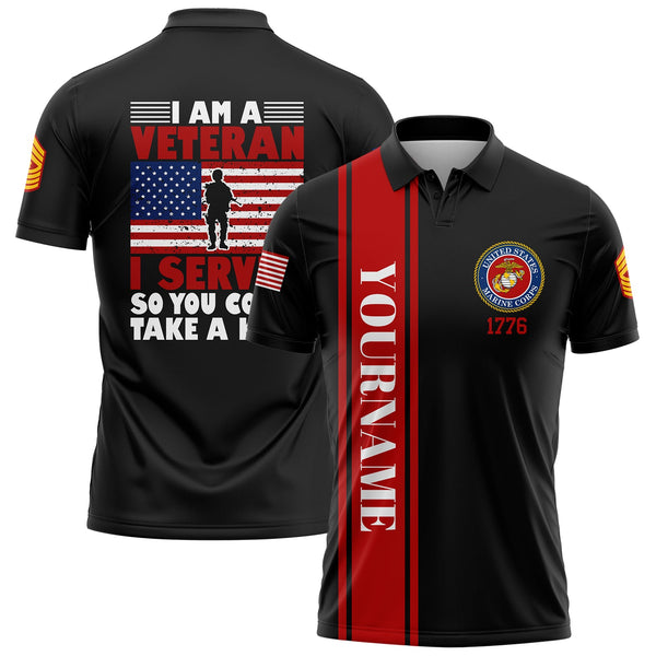 Custom Black I'M A Veteran I Served So You Could Take A Knee 1776 Flag Military Rank Name Veterans Day Golf Polo Shirt