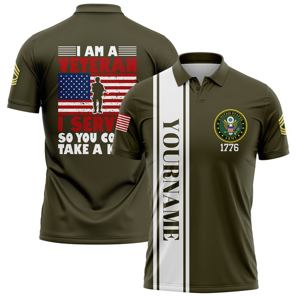 Custom Olive I'M A Veteran I Served So You Could Take A Knee 1776 Flag Military Rank Name Veterans Day Golf Polo Shirt