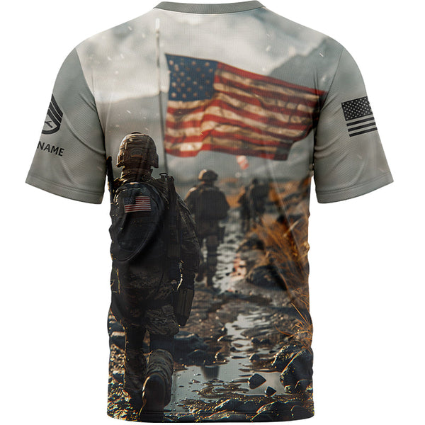 Custom Grey Military Rank Veteran Name T-Shirt