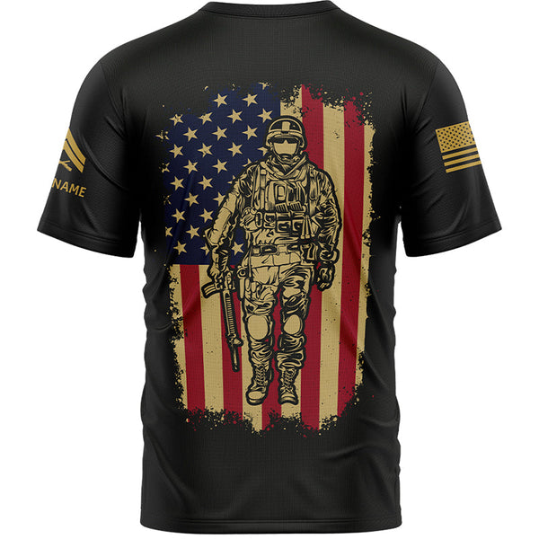 Custom Black American Flag Military Rank Veteran Name T-Shirt