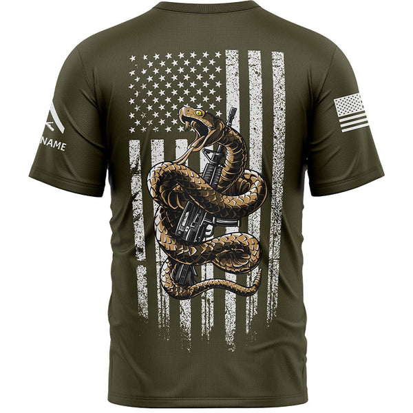 Custom Olive Snake American Flag Military Rank Veteran Name Memorial Day T-Shirt