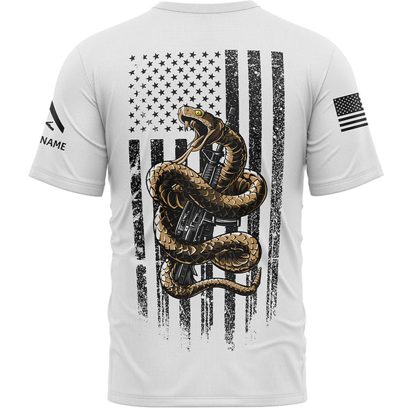 Custom White Snake American Flag Military Rank Veteran Name Memorial Day T-Shirt
