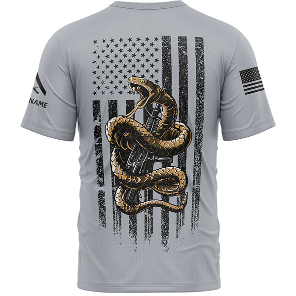 Custom Grey Snake American Flag Military Rank Veteran Name Memorial Day T-Shirt