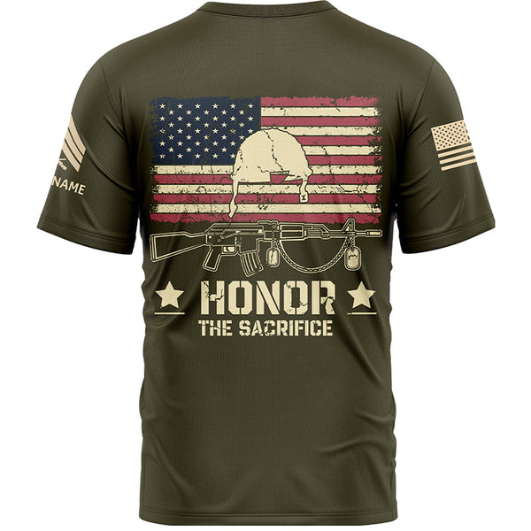 Honor The Sacrifice Custom Olive American Flay Military Rank Veteran Name Memorial Day T-Shirt