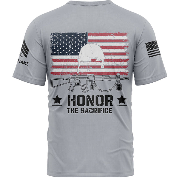 Honor The Sacrifice Custom Grey American Flay Military Rank Veteran Name Memorial Day T-Shirt