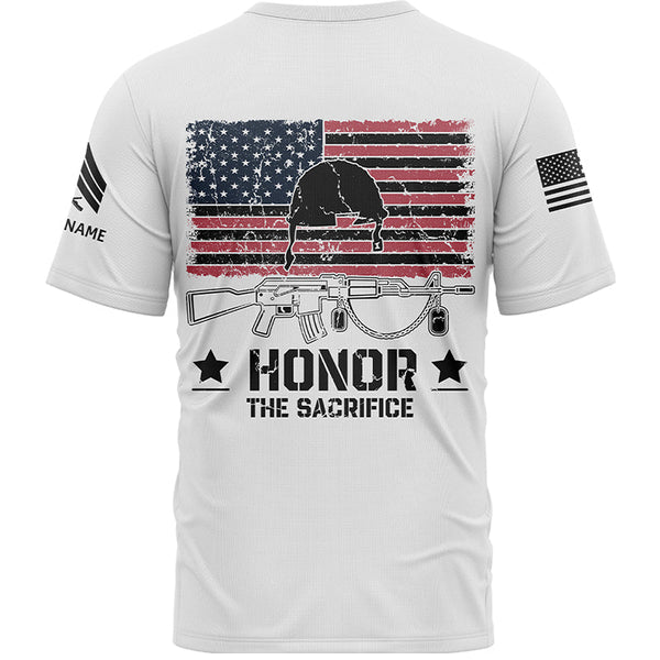 Honor The Sacrifice Custom White American Flay Military Rank Veteran Name Memorial Day T-Shirt