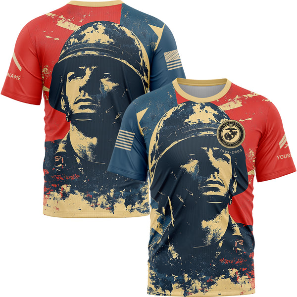Custom Red Blue American Military Rank Veteran Name T-Shirt