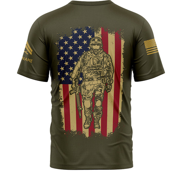 Custom Olive American Flag Military Rank Veteran Name T-Shirt