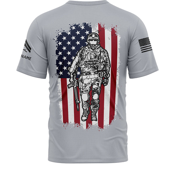 Custom Grey American Flag Military Rank Veteran Name T-Shirt
