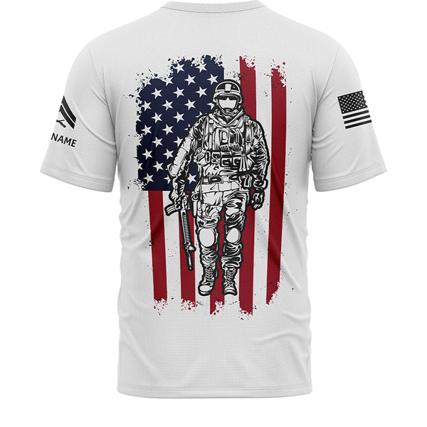 Custom White American Flag Military Rank Veteran Name T-Shirt