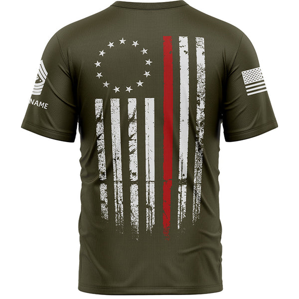 Custom Olive American Flag Military Rank Veteran Name T-Shirt