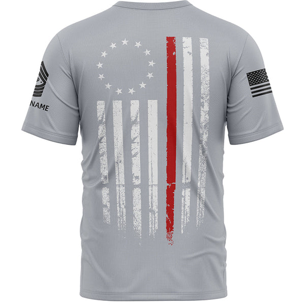 Custom Grey American Flag Military Rank Veteran Name T-Shirt