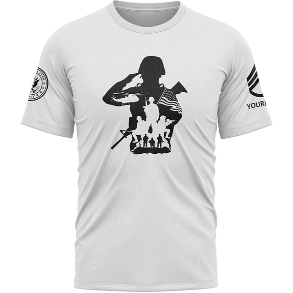 Custom White USA Military Rank Veteran Name T-Shirt