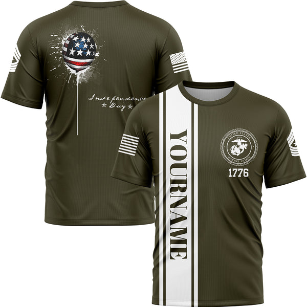 Custom Olive Military Rank Veteran Name Independence Day T-Shirt
