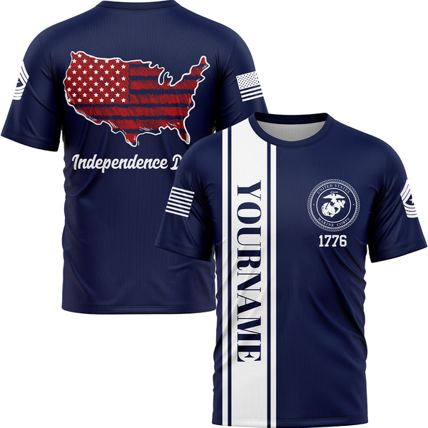 Custom Navy USA Map Military Rank Name Independence Day T-Shirt