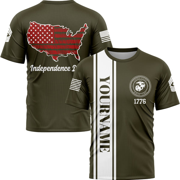 Custom Olive USA Map Military Rank Name Independence Day T-Shirt