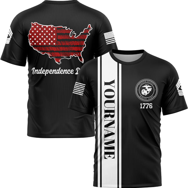 Custom Black USA Map Military Rank Name Independence Day T-Shirt
