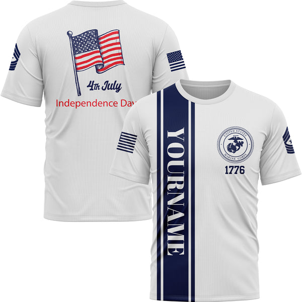 Custom White 4th July American Flag Military Rank Name Independence Day T-Shirt