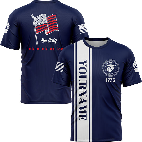 Custom Navy 4th July American Flag Military Rank Name Independence Day T-Shirt