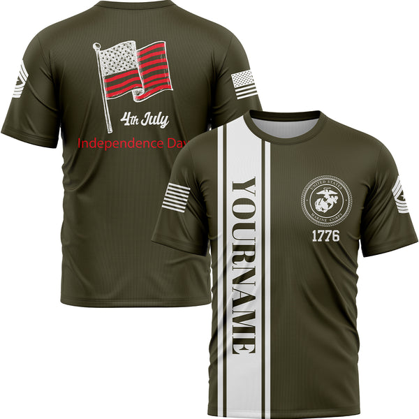 Custom Olive 4th July American Flag Military Rank Name Independence Day T-Shirt