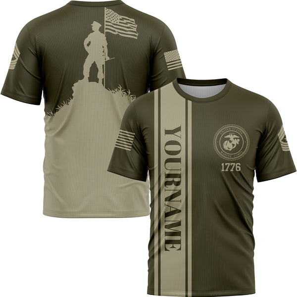 Custom Olive American Flag Military Rank Name Independence Day T-Shirt