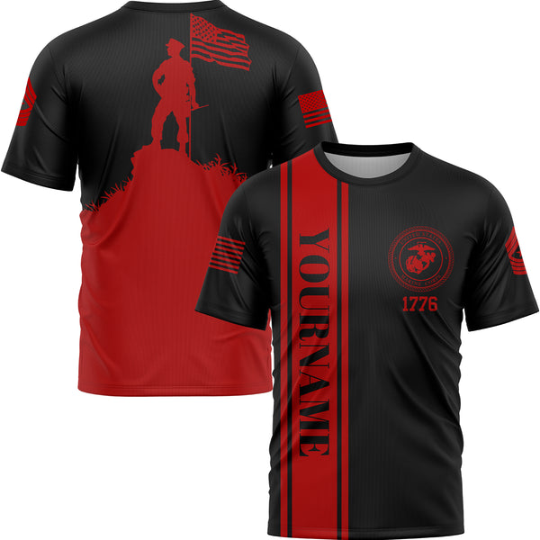 Custom Black American Flag Military Rank Name Independence Day T-Shirt