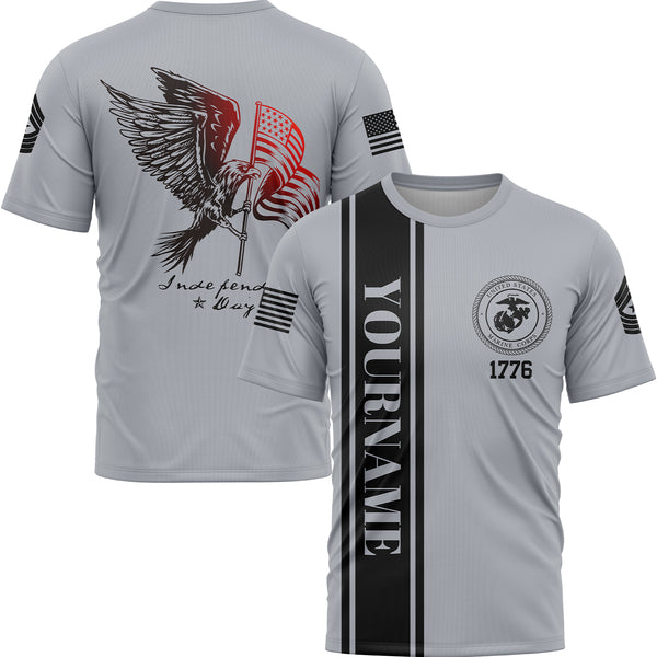 Custom Grey Eagle American Flag Military Rank Name Independence Day T-Shirt