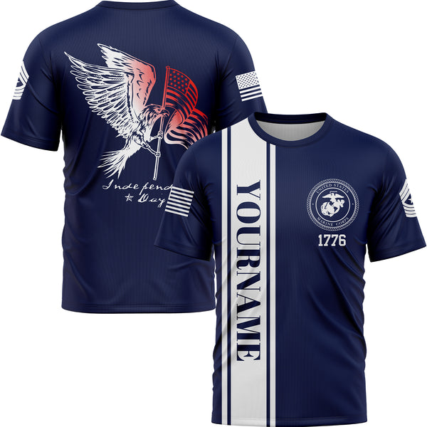 Custom Navy Eagle American Flag Military Rank Name Independence Day T-Shirt