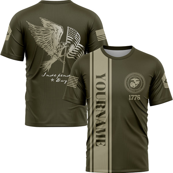 Custom Olive Eagle American Flag Military Rank Name Independence Day T-Shirt