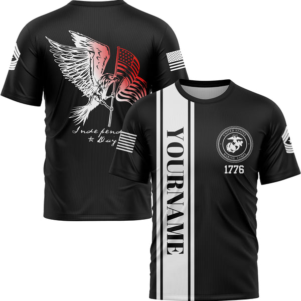 Custom Black Eagle American Flag Military Rank Name Independence Day T-Shirt
