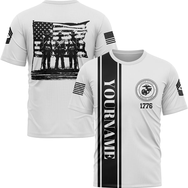 Custom White American History Flag Military Rank Name Independence Day T-Shirt