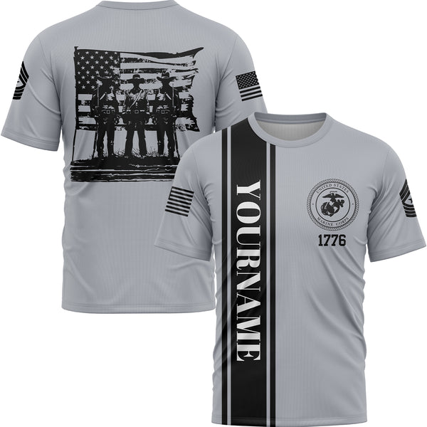 Custom Grey American History Flag Military Rank Name Independence Day T-Shirt