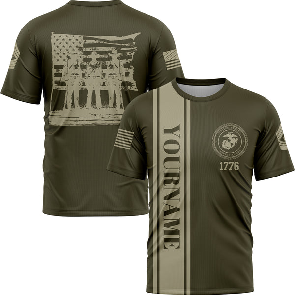 Custom Olive American History Flag Military Rank Name Independence Day T-Shirt