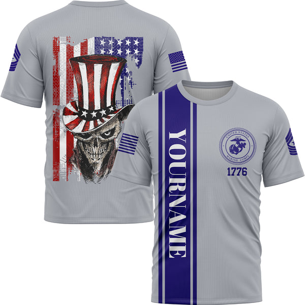 Custom Grey Magician Skull Military Rank Name Independence Day T-Shirt