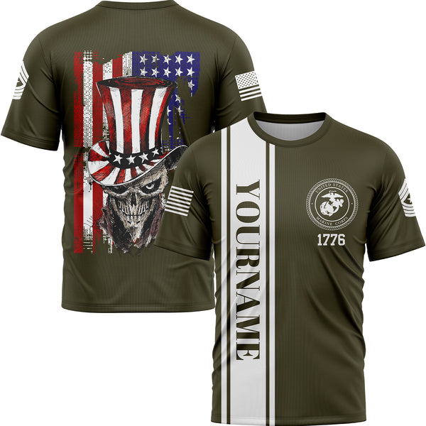 Custom Olive Magician Skull Military Rank Name Independence Day T-Shirt