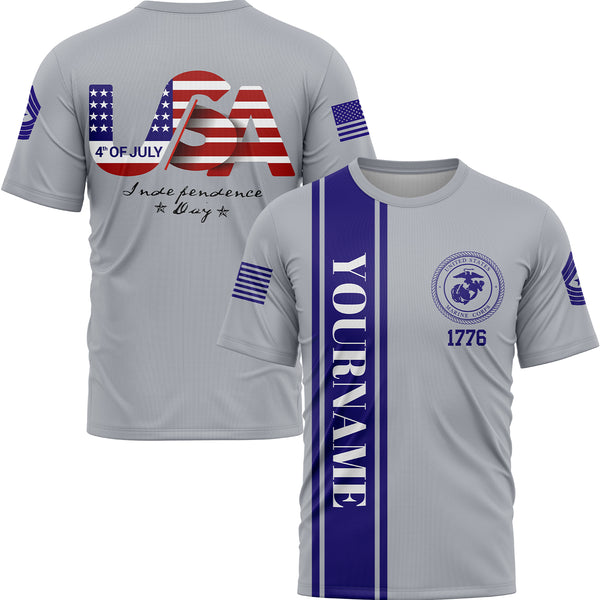 Custom Grey USA Military Rank Name Independence Day T-Shirt