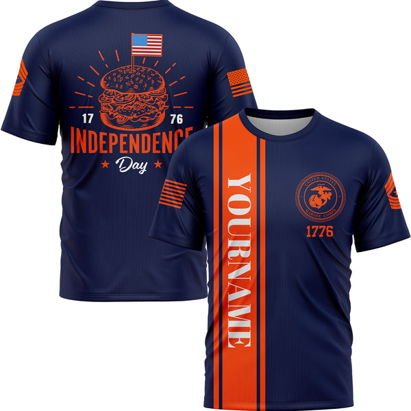Custom Navy Hamburger American Flag Military Rank Name Independence Day T-Shirt