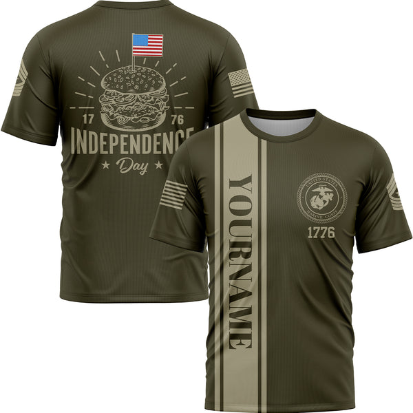 Custom Olive Hamburger American Flag Military Rank Name Independence Day T-Shirt