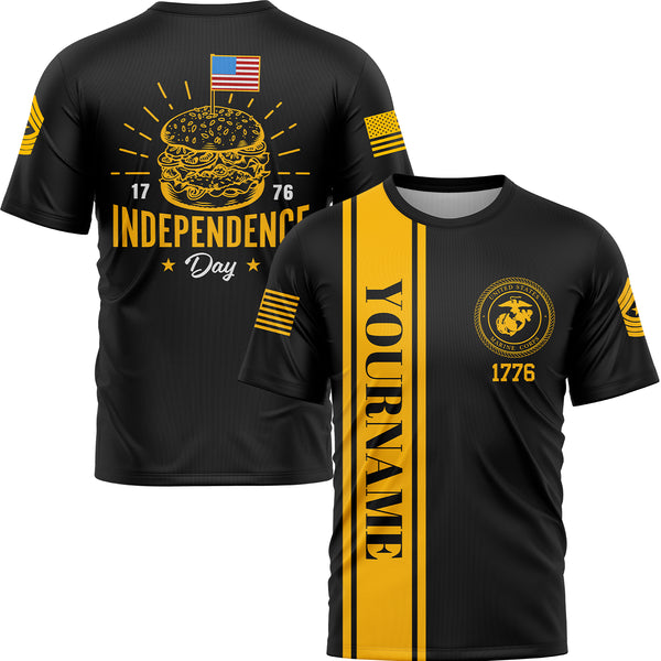 Custom Black Hamburger American Flag Military Rank Name Independence Day T-Shirt